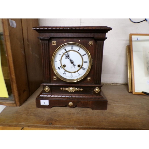 1 - LATE VICTORIAN/EDWARDIAN OAK CASED MANTEL CLOCK WITH GERMAN MOVEMENT