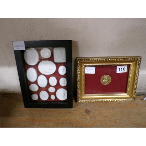 110 - FRAMED ROMAN STYLE PLASTER PLAQUES; REPRO COIN