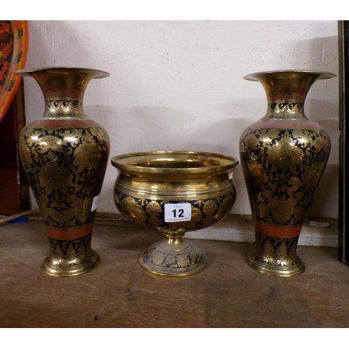 12 - PAIR OF PERSIAN BRASS VASES; PEDESTAL BOWL