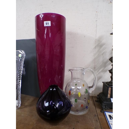 51 - TWO LARGE COLOURED GLASS VASES; MILLEFIORI JUG