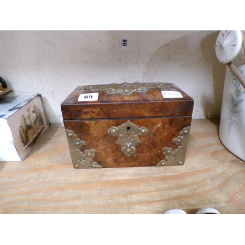 85 - 19C BURR WALNUT BRASS MOUNTED TWO COMPARTMENT TEA CADDY