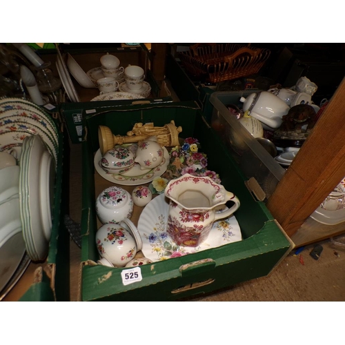 525 - BOX OF MIXED CERAMICS, MASONS JUG, POSIES ETC