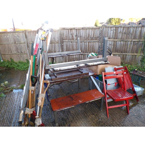 947 - GARDEN TABLE, BIKE, STEP LADDERS, TOOLS ETC.