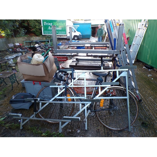 947 - GARDEN TABLE, BIKE, STEP LADDERS, TOOLS ETC.