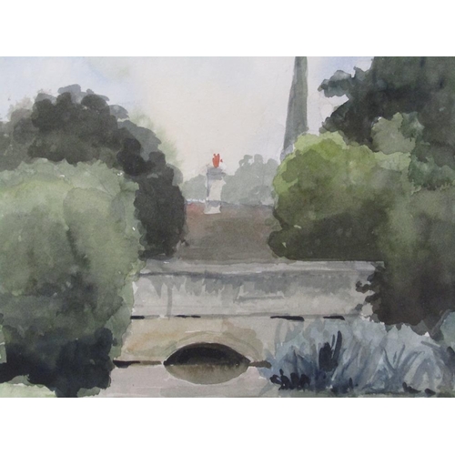 1210 - R.J DOUBLE 1998 - BRIDGE OVER A QUIET RIVER, SIGNED AND DATED WATERCOLOUR, F/G, 29CM X 31CM