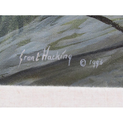 1215 - GRANT HACKING 1996 - SNOWY OWL, SIGNED OIL ON CANVAS, FRAMED, 50CM X 75CM