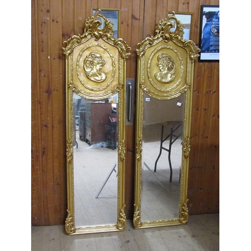 1220 - PAIR OF REPRO MOULDED GILT FRAMED WALL MIRRORS, EACH 180CM X 53CM