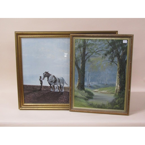 1221 - COULSON - FRAMED COLOURED PRINT, HORSE PLOUGHING, F/G, 58CM X 75CM; OIL ON BOARD - WOODLAND STREAM