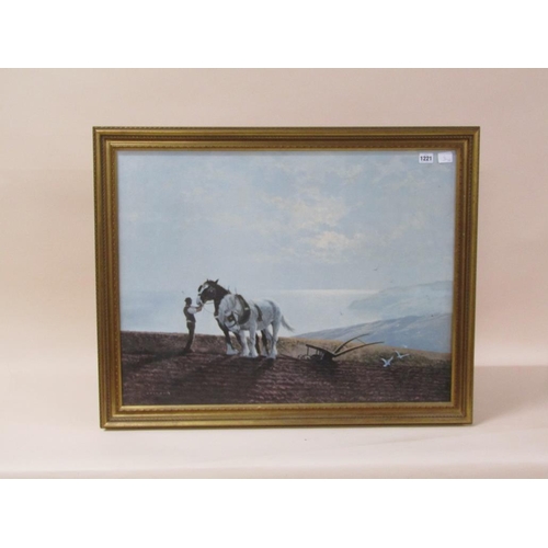 1221 - COULSON - FRAMED COLOURED PRINT, HORSE PLOUGHING, F/G, 58CM X 75CM; OIL ON BOARD - WOODLAND STREAM