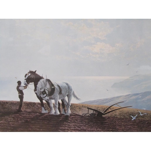 1221 - COULSON - FRAMED COLOURED PRINT, HORSE PLOUGHING, F/G, 58CM X 75CM; OIL ON BOARD - WOODLAND STREAM