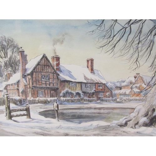 1223 - DENNIS FLANDERS - WINTER TIME IN ALDBURY, SIGNED WATERCOLOUR, F/G, 32CM X 45CM