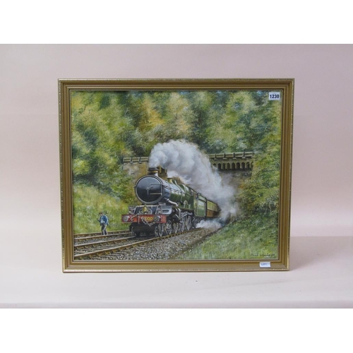 1230 - DEREK WHEELER 1991 - PASSANGER TRAIN EMERGING FROM THE TUNNEL, SIGNED OIL ON CANVAS, FRAMED, 49CM X ... 