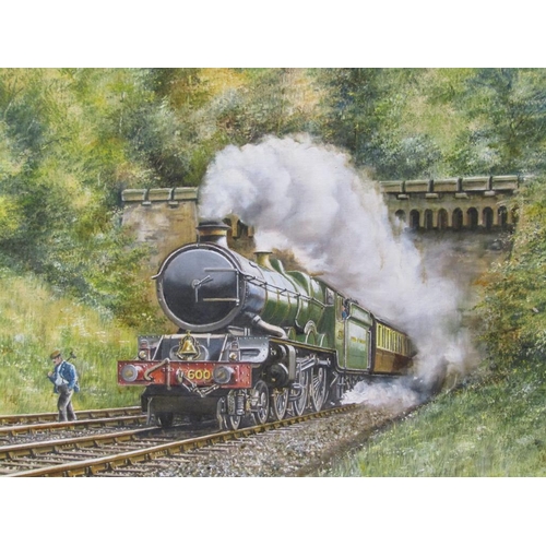 1230 - DEREK WHEELER 1991 - PASSANGER TRAIN EMERGING FROM THE TUNNEL, SIGNED OIL ON CANVAS, FRAMED, 49CM X ... 