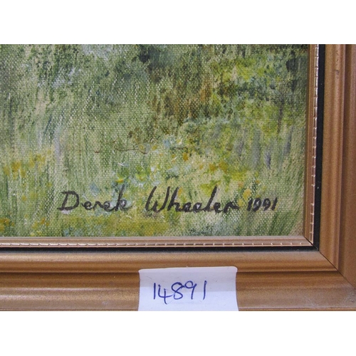 1230 - DEREK WHEELER 1991 - PASSANGER TRAIN EMERGING FROM THE TUNNEL, SIGNED OIL ON CANVAS, FRAMED, 49CM X ... 