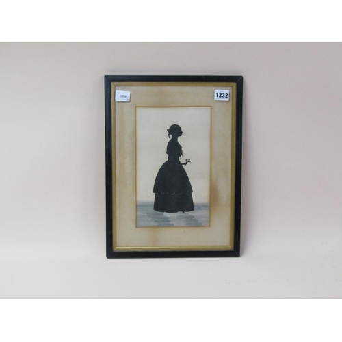 1232 - 19C BLACK ON WHITE SILHOUETTE PORTRAIT OF A LADY, F/G, 26CM X 16CM