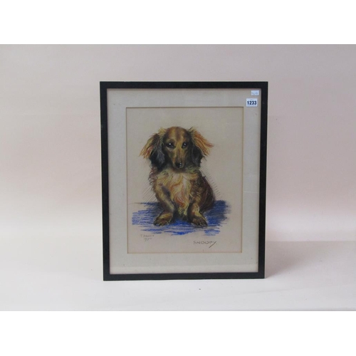 1233 - FRAMED PASTEL DRAWING OF A DOG, 'SNOOPY' BY T PANET, F/G, 42CM X 33CM