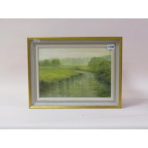 1236 - F ROUSE - RIVER IN A PASTURAL SETTING, SIGNED OIL ON BOARD, FRAMED, 24CM X 34CM