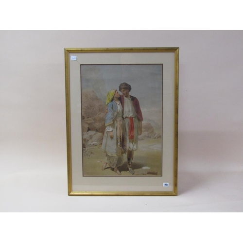 1237 - MALE AND FEMALE IN ARABIAN SETTING, UNSIGNED LITHOGRAPH, F/G, 65CM X 45CM