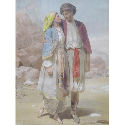 1237 - MALE AND FEMALE IN ARABIAN SETTING, UNSIGNED LITHOGRAPH, F/G, 65CM X 45CM