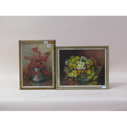 1239 - MARION BROOM - TWO FLORAL PAINTINGS, SIGNED OIL ON BOARD, FRAMED, 35CM X 24CM & 29CM X 36CM