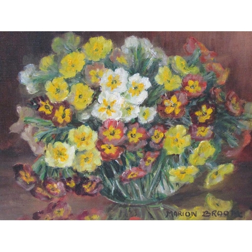 1239 - MARION BROOM - TWO FLORAL PAINTINGS, SIGNED OIL ON BOARD, FRAMED, 35CM X 24CM & 29CM X 36CM