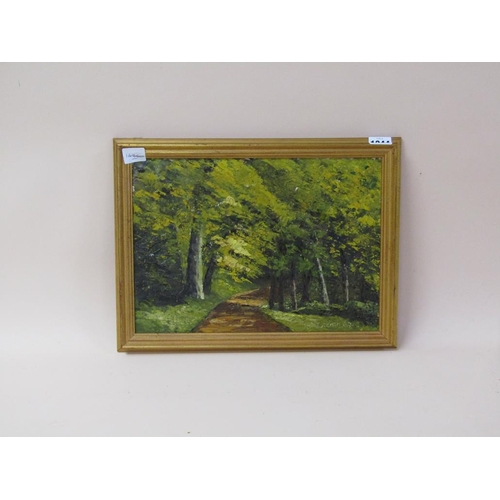 1244 - K.L BENNETT 87 - WOODLAND PATHWAY, OIL ON PANEL, SIGNED, FRAMED, 24CM X 34CM