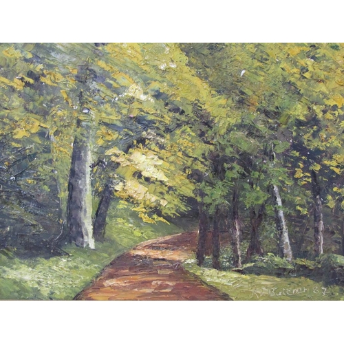 1244 - K.L BENNETT 87 - WOODLAND PATHWAY, OIL ON PANEL, SIGNED, FRAMED, 24CM X 34CM