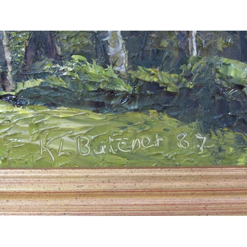 1244 - K.L BENNETT 87 - WOODLAND PATHWAY, OIL ON PANEL, SIGNED, FRAMED, 24CM X 34CM