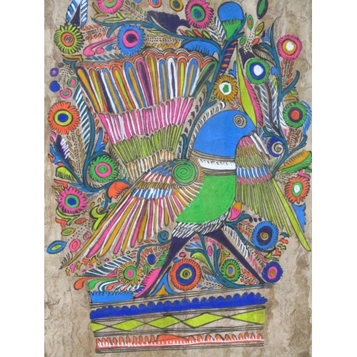 1245 - NORTH AMERICAN PASTEL PAINTING ON BARK PAPER, A BIRD, F/G, 70CM X 46CM