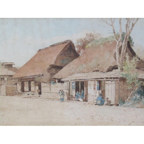 1247 - SIGNED IN MONO G.H - ORIENTAL VILLAGE SETTING, WATERCOLOUR, F/G, 31CM X 48CM