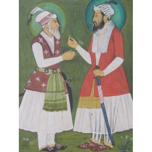 1248 - TWO INDIAN GENTLEMEN IN DISCUSSION WITHIN A DECORATED BORDER OF BIRDS AND ANIMALS, UNSIGNED, F/G, 29... 