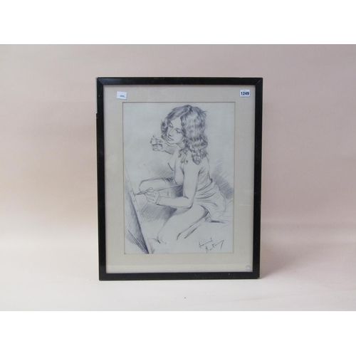 1249 - SIGNED INDISTINCTLY - BLACK CHALK, PORTRAIT OF A LADY ARTIST, F/G, 59CM X 37CM