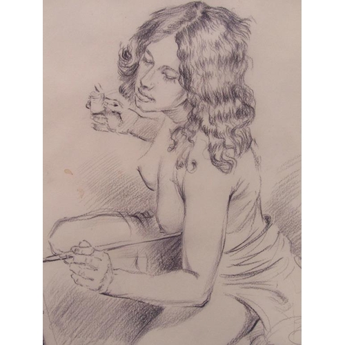 1249 - SIGNED INDISTINCTLY - BLACK CHALK, PORTRAIT OF A LADY ARTIST, F/G, 59CM X 37CM