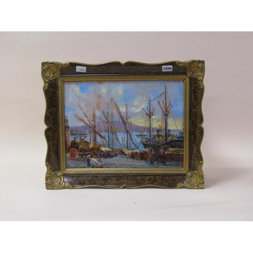 1250 - UNSIGNED - FISHING HARBOUR IN BAY OF NAPLES, OIL ON BOARD, FRAMED, 28CM X 38CM