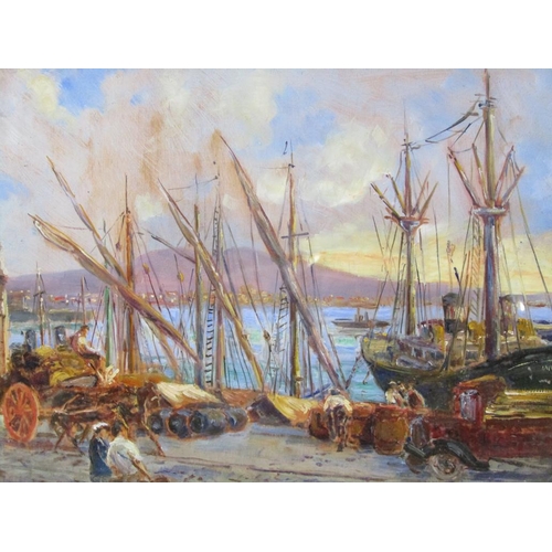 1250 - UNSIGNED - FISHING HARBOUR IN BAY OF NAPLES, OIL ON BOARD, FRAMED, 28CM X 38CM