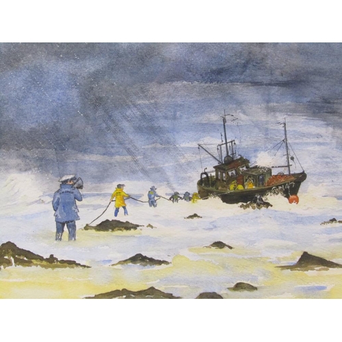 1253 - STUART TUCKER - COASTAL RESCUE, SIGNED WATERCOLOUR, F/G, 28CM X 42CM