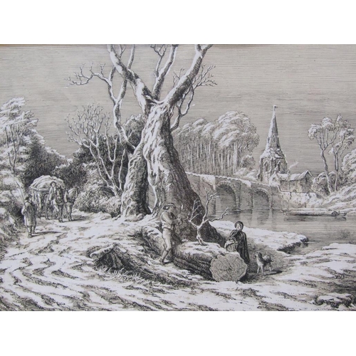 1257 - UNSIGNED - B&W SKETCH, WINTER TIME CLOSE TO THE RIVER, F/G, 21CM X 28CM