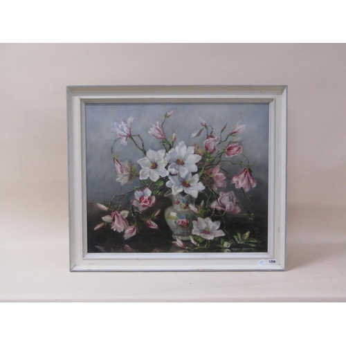 1259 - MARION BROOM - VASE OF PINK AND WHITE FLOWERS, SIGNED OIL ON CANVAS, FRAMED, 60CM X 72CM