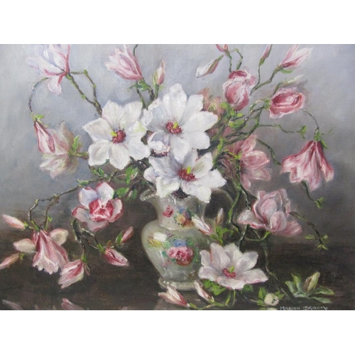 1259 - MARION BROOM - VASE OF PINK AND WHITE FLOWERS, SIGNED OIL ON CANVAS, FRAMED, 60CM X 72CM