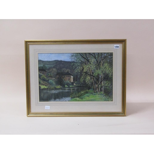 1260 - JACK CROSLAND - RIVER SETTING IN A DEEP VALLEY, SIGNED WATERCOLOUR, F/G, 32CM X 48CM