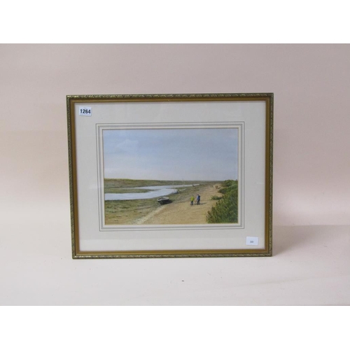 1264 - UNSIGNED WATERCOLOUR - EAST ANGLIAN CREEK WITH BOATS AND FIGURES, F/G, 24CM X 34CM