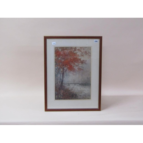 1268 - G YOKOUCHI - ORIENTAL AUTUMN SCENE WITH FIGURE ON BRIDGE, SIGNED WATERCOLOUR, F/G, 47CM X 32CM