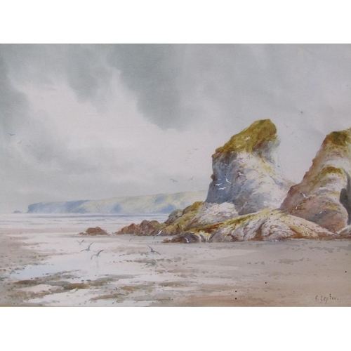 1270 - F LEYTON - BEDRUTHAN STEPS, NR. NEWQUAY, SIGNED WATERCOLOUR, F/G, 29CM X 48CM