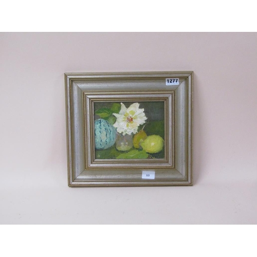 1277 - JOAN DALE - YELLOW AND GREEN, STILL LIFE, OIL ON BOARD, FRAMED, 14CM X 16CM