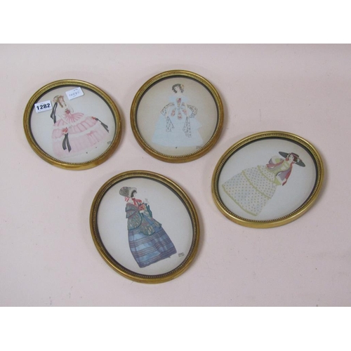 1282 - COLLECTION OF FOUR FRAMED OVAL FASHION PLATES, MONO M.K, 19C LADY SUBJECTS