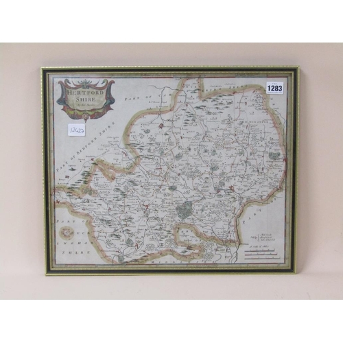 1283 - FRAMED ROBERT MORDEN ANTIQUE MAP OF HERTFORDSHIRE, 36CM X 44CM