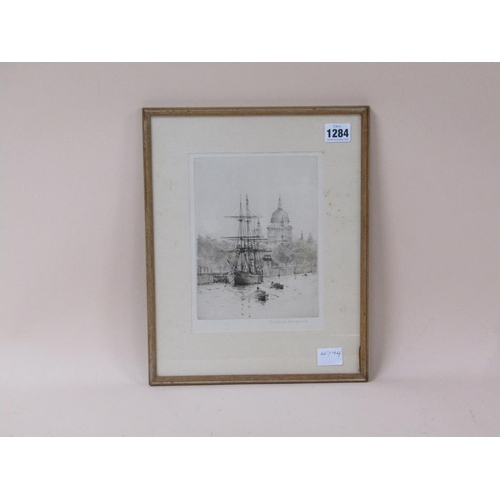 1284 - ROWLAND LANGMAID - BLACK ON WHITE LINE ENGRAVING, RIVER SCENE WITH MOORED SAILING VESSEL, F/G, 22CM ... 