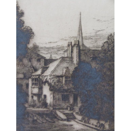 1285 - THREE F/G PRINTS - ONE OF A RIVER, THE OTHERS CHURCHES