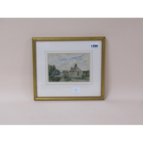 1289 - J MOORE 1918 - ROADSIDE COTTAGES, SIGNED WATERCOLOUR, F/G, 12CM X 16CM