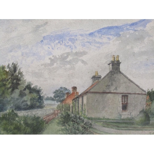 1289 - J MOORE 1918 - ROADSIDE COTTAGES, SIGNED WATERCOLOUR, F/G, 12CM X 16CM